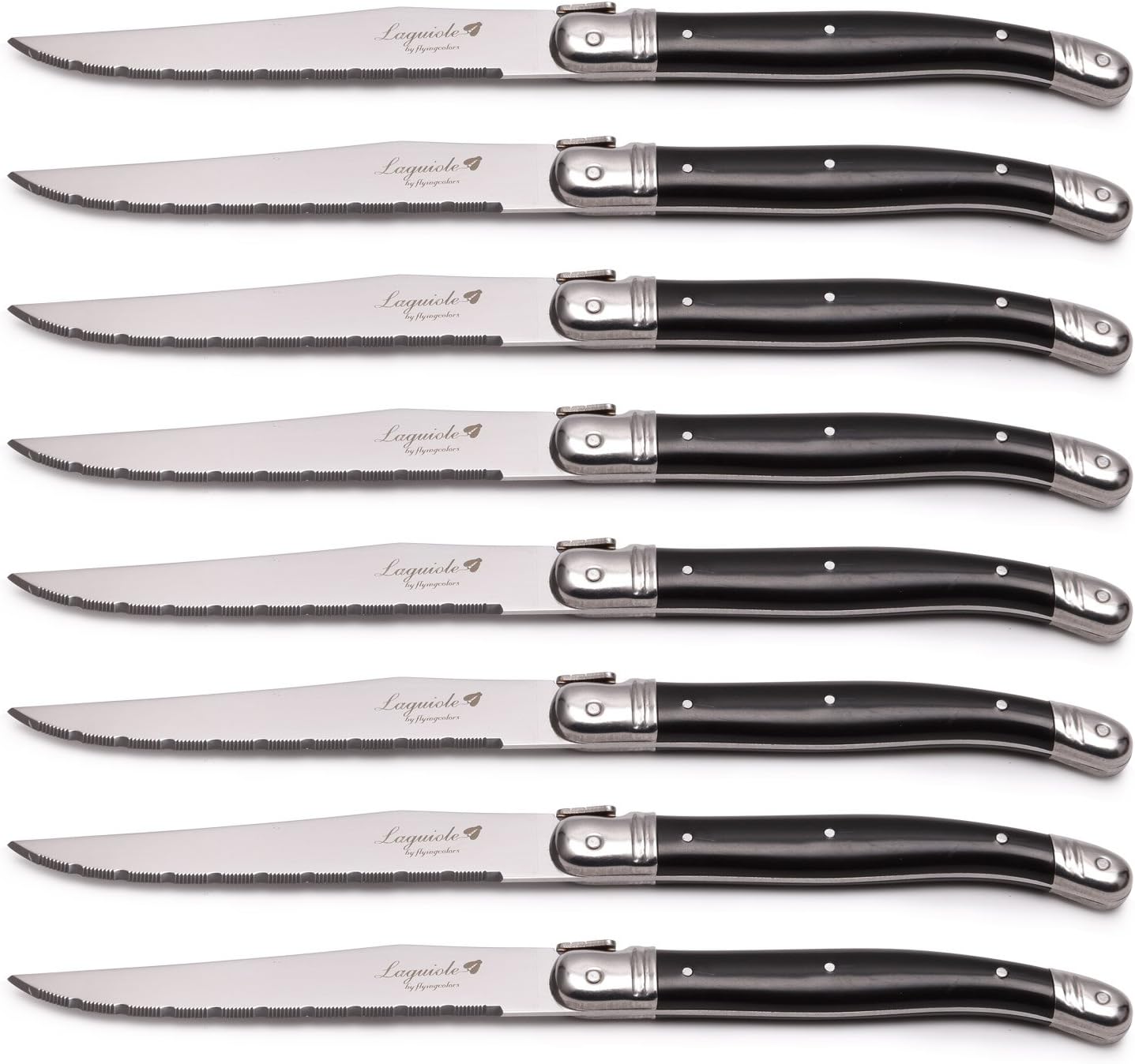 FLYINGCOLORSLaguiole Laguiole Steak Knife Set, Stainless Steel, Black Handles,8 Pieces Black