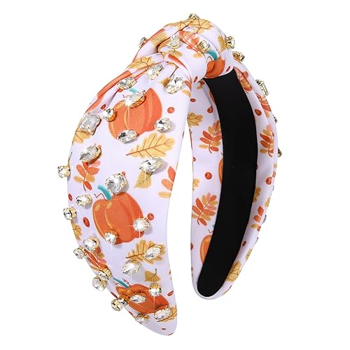 Diadema de otoño para mujer, diadema anudada de Acción de Gracias, con estampado de hoja de arce y calabaza, diadema con nudo superior ancho,