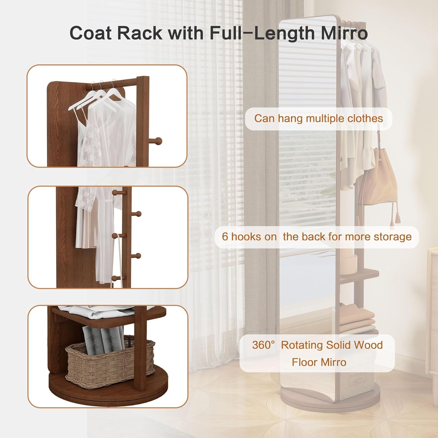 Clothes Rack with Full-Length Mirror, Swivel Full-Length Mirror & Rotating Mirrors with Storage, Floor Length Mirrors with Hanger and Open Shelves, Space Saver (Walnut, 69"x16")