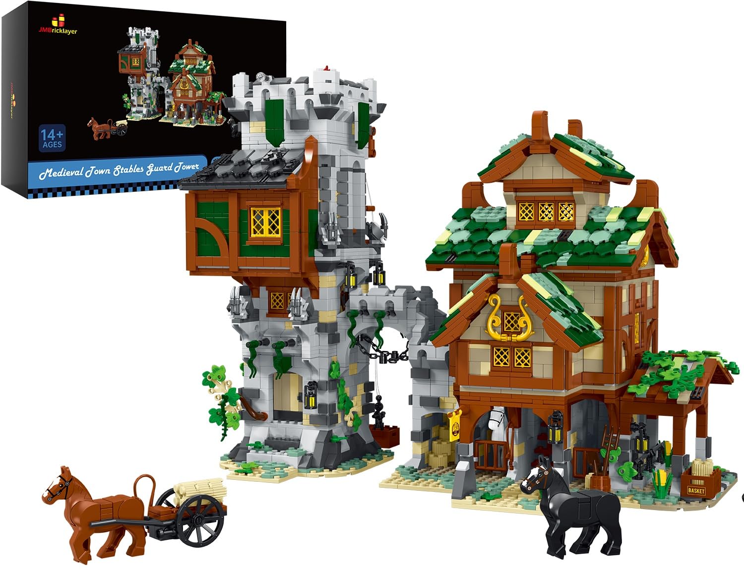 JMBricklayer Mittelalterliche Klemmbausteine für Erwachsene, Wachtturm Stall Modul Bauset mit Pferden, Ausstellungs Dekor Modellkollektion, BAU Architaction Geschenk für Jugendliche ab 14 Jahren