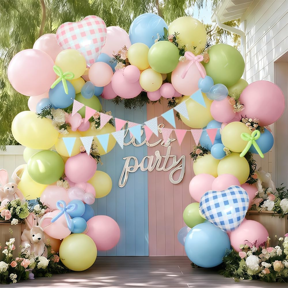 Kit de arco de globos rosa claro, verde, azul, doble relleno, amarillo pastel, rubor, rosa, globos de corazón con banderín, pancarta para baby shower, revelación de género, cumpleaños, decoración de
