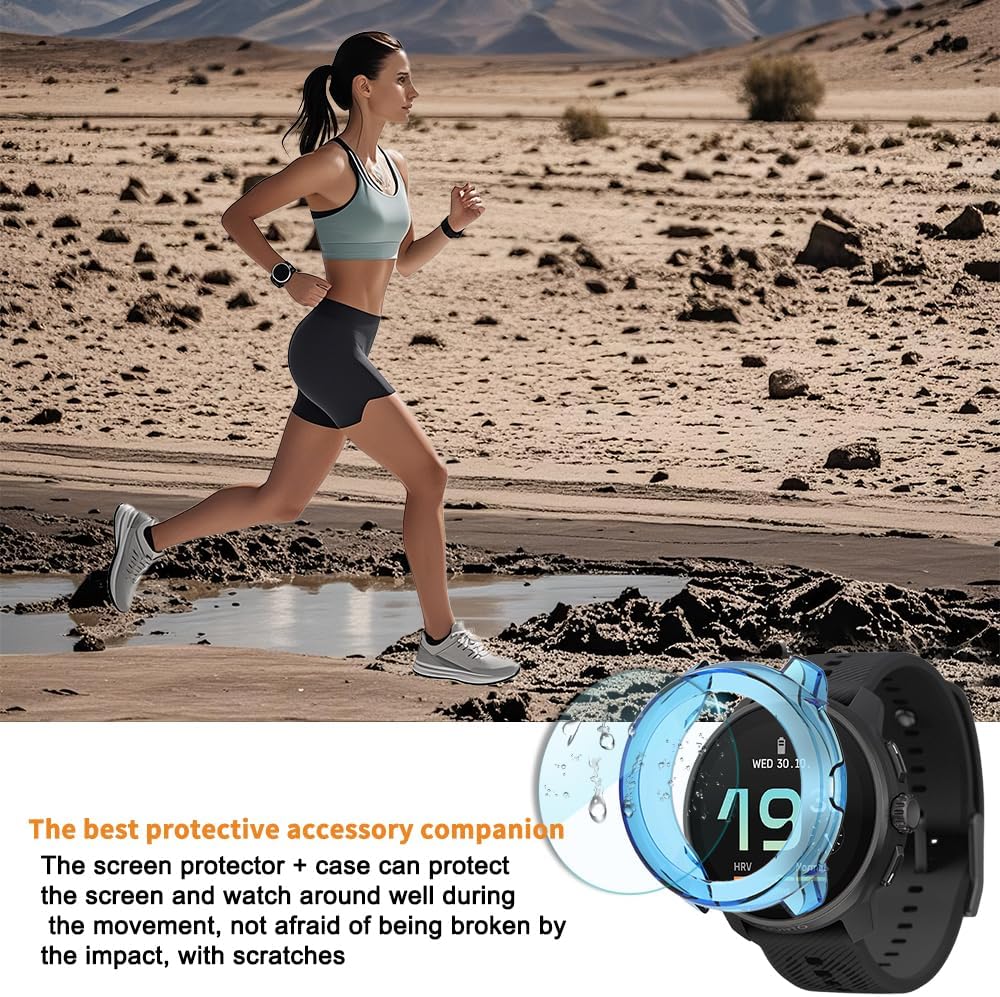 Compatible for Suunto Race S Screen Protectors ，9H Hardness Tempered Glass Protective Film Kit+TPU Soft Frame Case Shockproof (3+2 Pack)