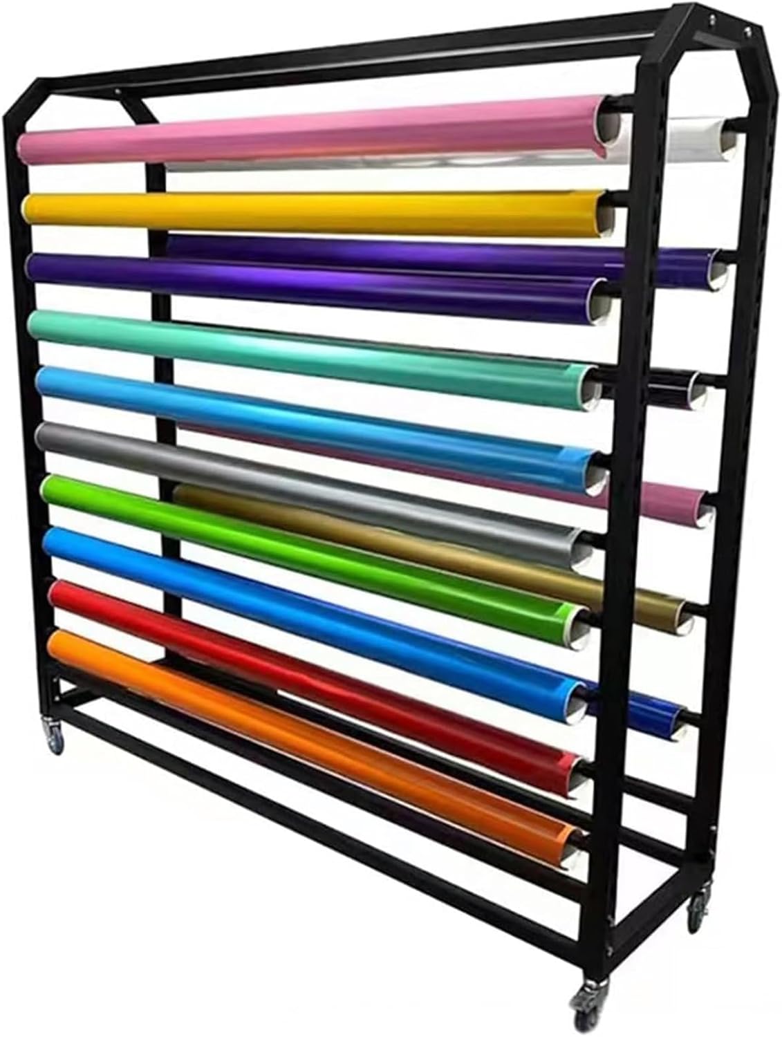 Heavy Duty Steel Fabric Roll Storage Rack, Adjustable 12-Rod Organizer for Vinyl, Leather, Wallpaper & Window Film, Portable Textile Holder for Industrial Use