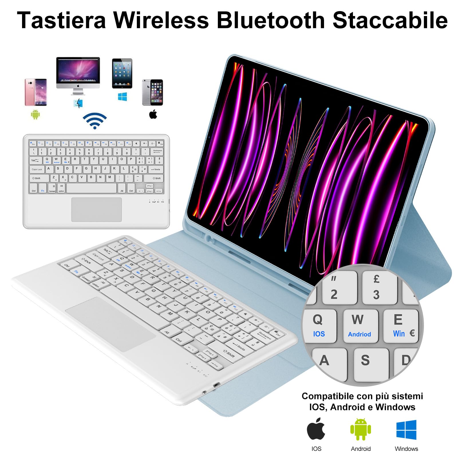 WINCHKING Tastiera per iPad Pro 12.9 con Touchpad, Cover con Tastiera per iPad pro 12.9, Custodia QWERTY Bluetooth Magnetica Keyboard per pro 12.9 pollici 6/5/4/3 Generazione, Azzurro