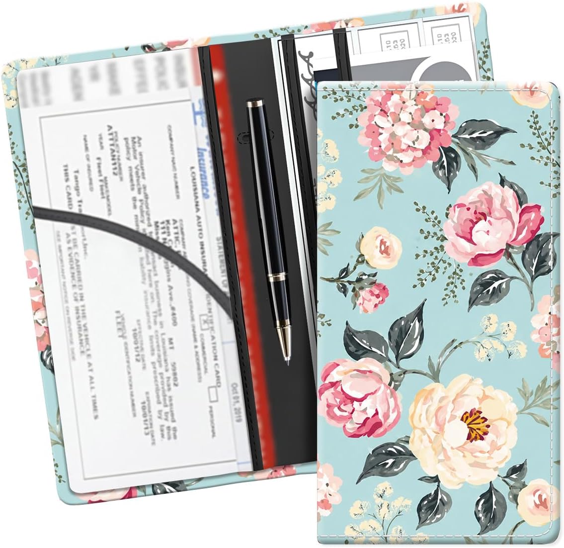 Leather Car Registration and Insurance Card Holder, Cute Car Accessories Vehicle Glove Box Car Organizer for Documents, Cards, License Pink Rose Garden