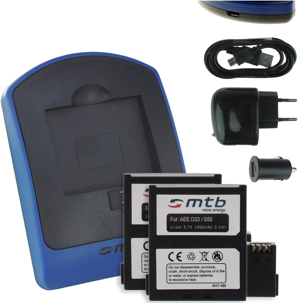 2 x baterìa + Charger (USB/Car/Mains) for PNJ AEE MagiCam S51, S70 Extreme/Light, S71 (WiFi), S80, S90/Veho Muvi K2