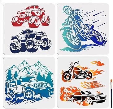 MAYJOYDIY 4Pcs Motorcycle Off-Road Stencil 11.811.8inch Mountain Bike Flames Fire Car Stencils with Paint Brush Racing Flame Templates for Walls Furniture Wood Canvas