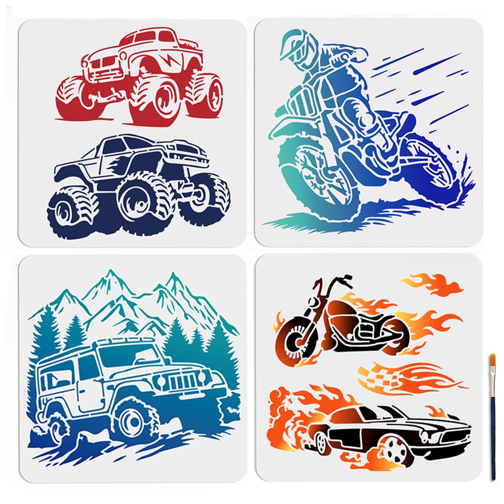 MAYJOYDIY 4Pcs Motorcycle Painting Stencil 30×30cm Off-Road Mountain Bike Stencils with Paint Brush Racing Flame Stencils Reusable Plastic Templates for Walls Furniture Wood Canvas