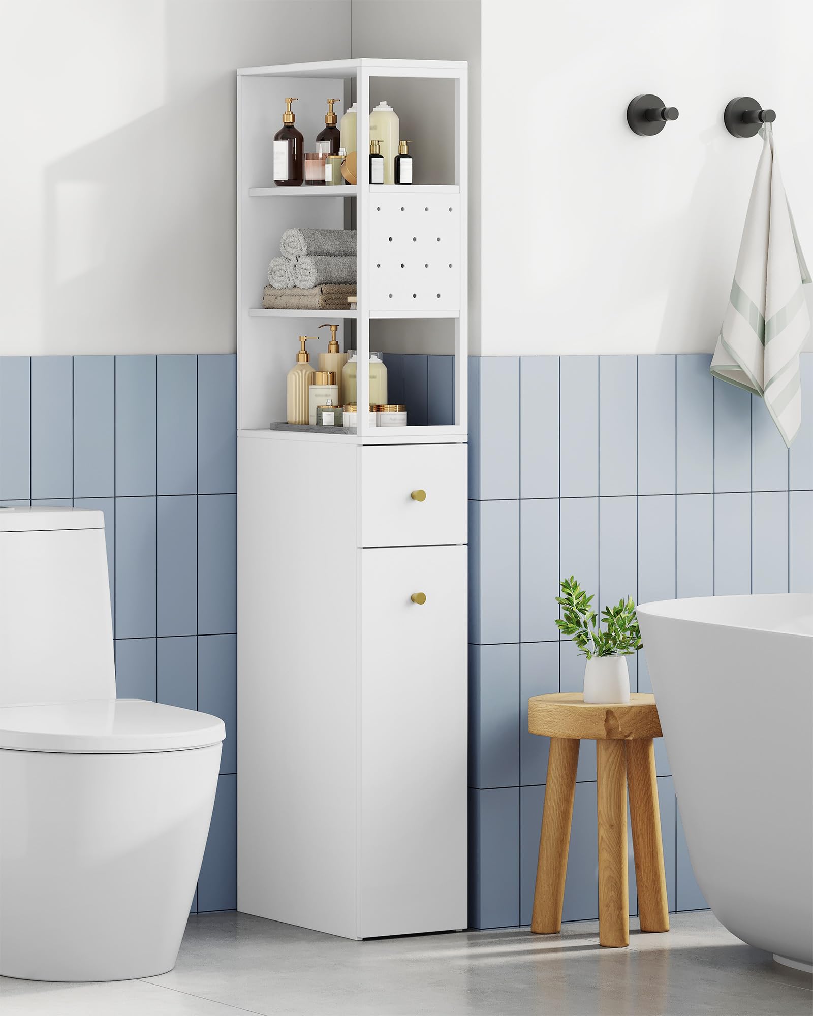 Hzuaneri Meuble de Salle de Bain Haut, Armoire de Rangement Fin, avec 2 Compartiments Ouverts, 2 Tiroirs et roulettes, Meuble de Cuisine, pour Petits Espaces, 40 x 20 x 140 cm Blanc BC32003W
