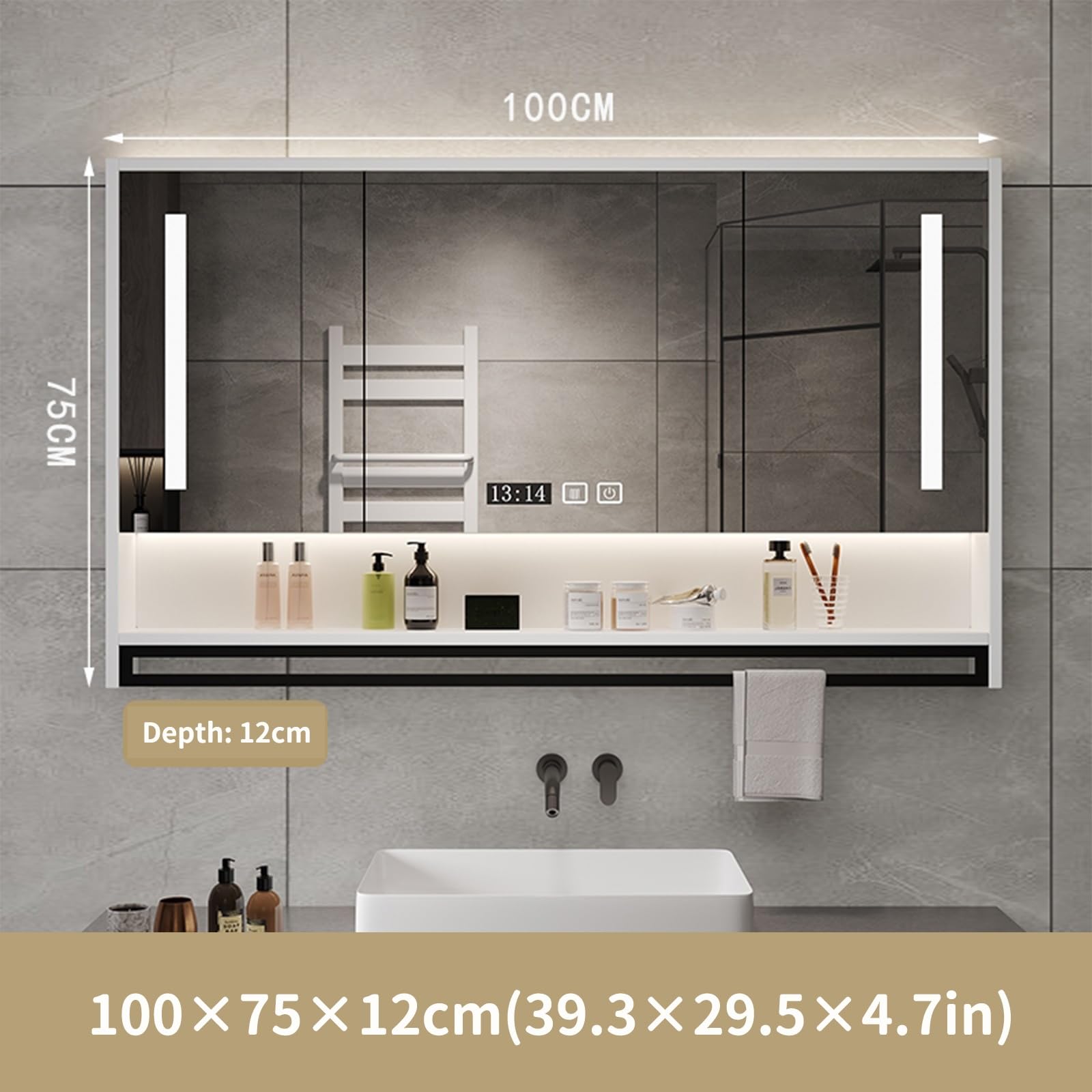 Armadietto da bagno moderno con specchio a LED, montaggio a parete, con 3 ante, ripiani regolabili, sensore tattile, luci e porta asciugamani. Soluzione elegante per mobili da bagno