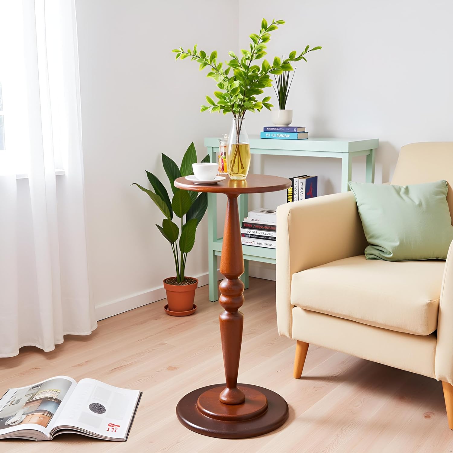 SwallowLiving Round Pedestal Side Table – Solid Pine Wood Drink Table for Small Spaces, 25" Tall Narrow End Table for Living Room & Bedroom, Vintage Brown Accent Furniture (12" Diameter)