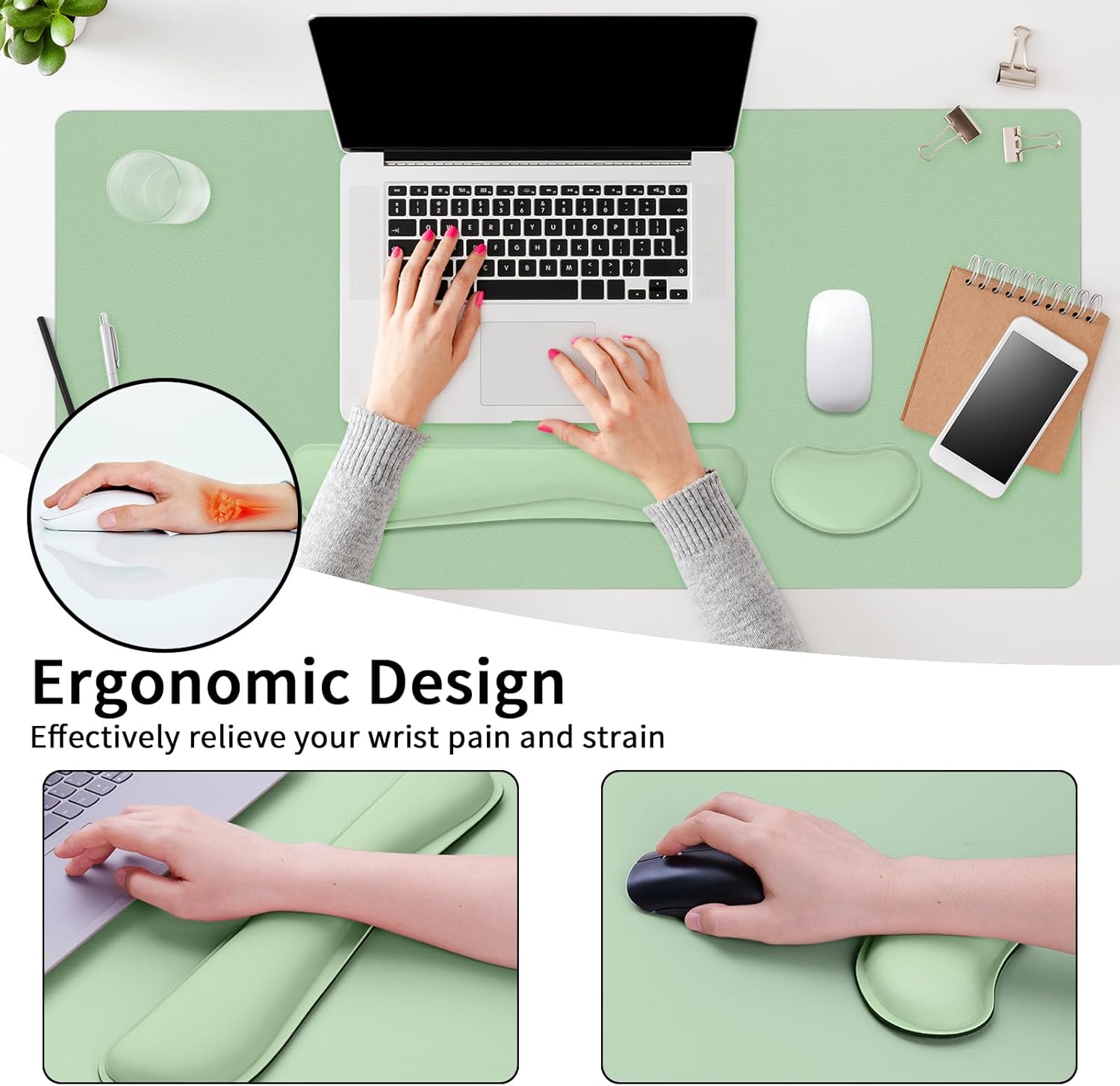 Mouse Pad and Keyboard Wrist Rest, Large Keyboard and Mouse Pad Set, Ergonomic Mousepad with Wrist Rest, Non-Slip Desk Mat Protector for Office, Home (31.5×15.7 Inches, Lake Green) - Image 5
