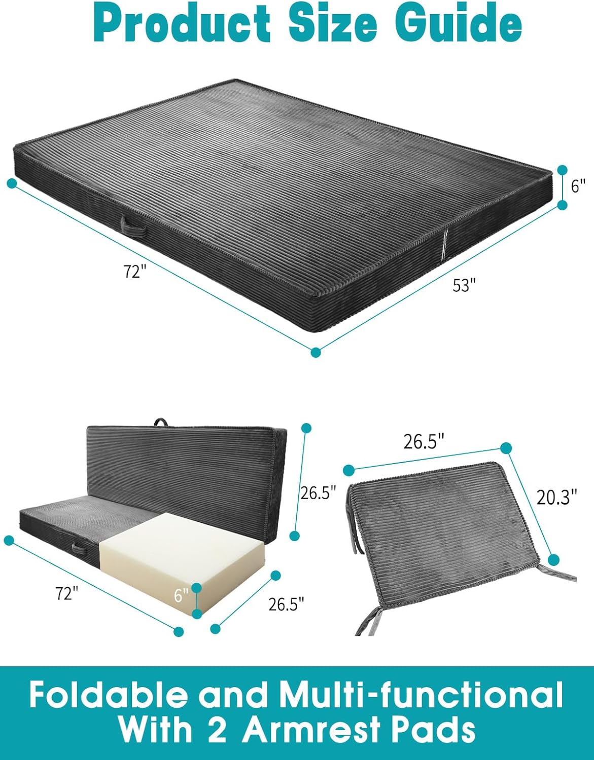 6" Thick Futon Mattress Full Size, High Support Whole Foam Filling, Foldable Futon Sofa Couch Bed Mattress with Removable Cover, 2 Soft Armrest Pad, Corduroy Fabric (Frame Not Included)