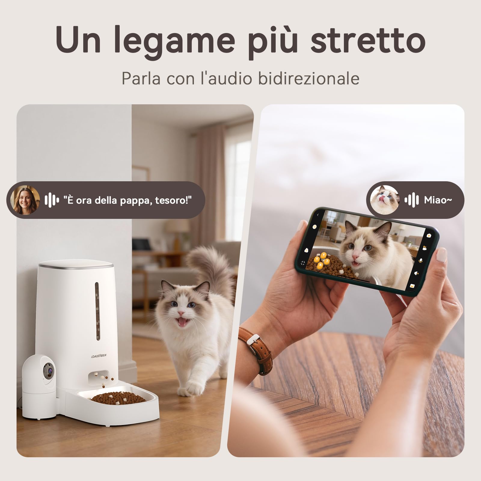 Distributore Automatico Cibo WiFi per Gatti e Cani con Telecamera HD 1080P, Dispenser Crocchette con Camera Rimovibile, Visione Notturna, Supporto 2,4G/5G, AI Funzione, Tuya App