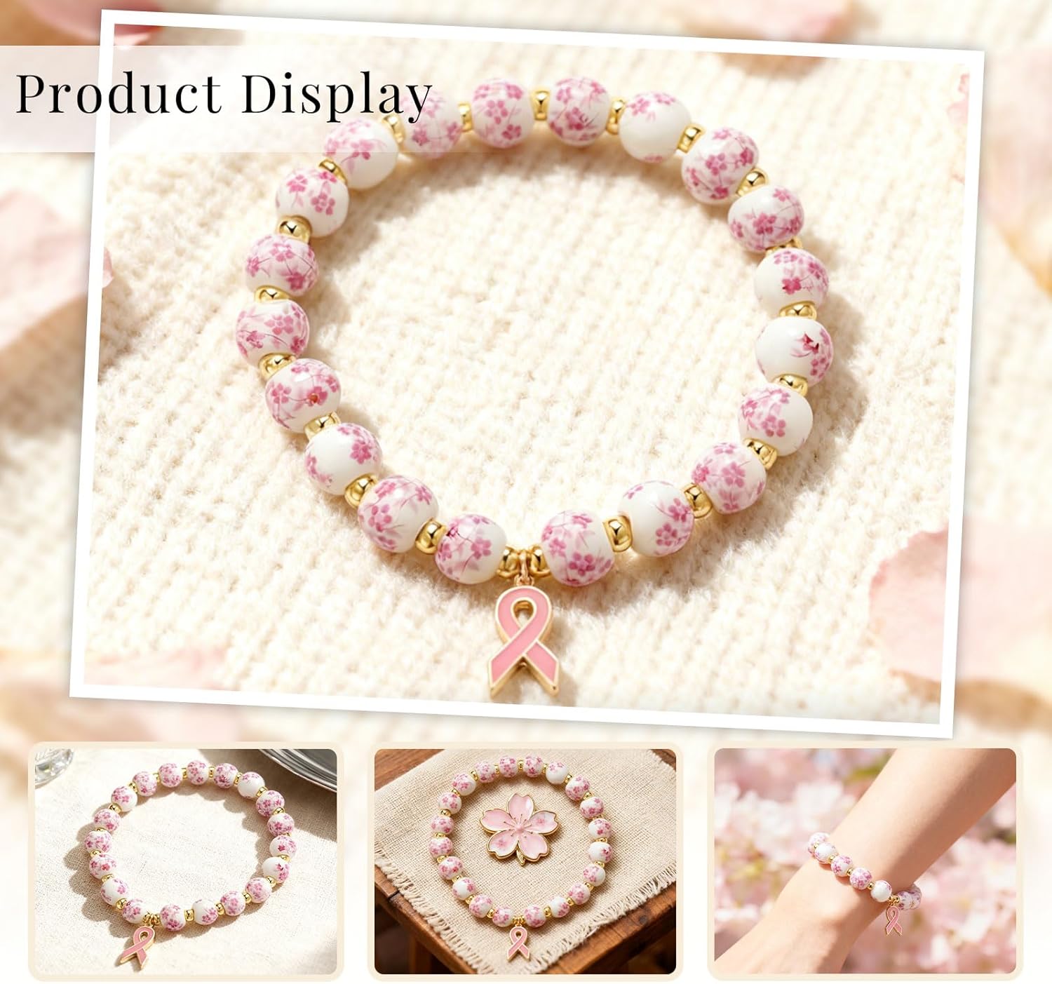 Breast Cancer Bracelets Breast Cancer Awareness Accessories Gifts For Women Charm Bracelets Love Jewelry Gift Handmade Beaded Stretch Flower Bracelets Provide Emotional Support - Image 2