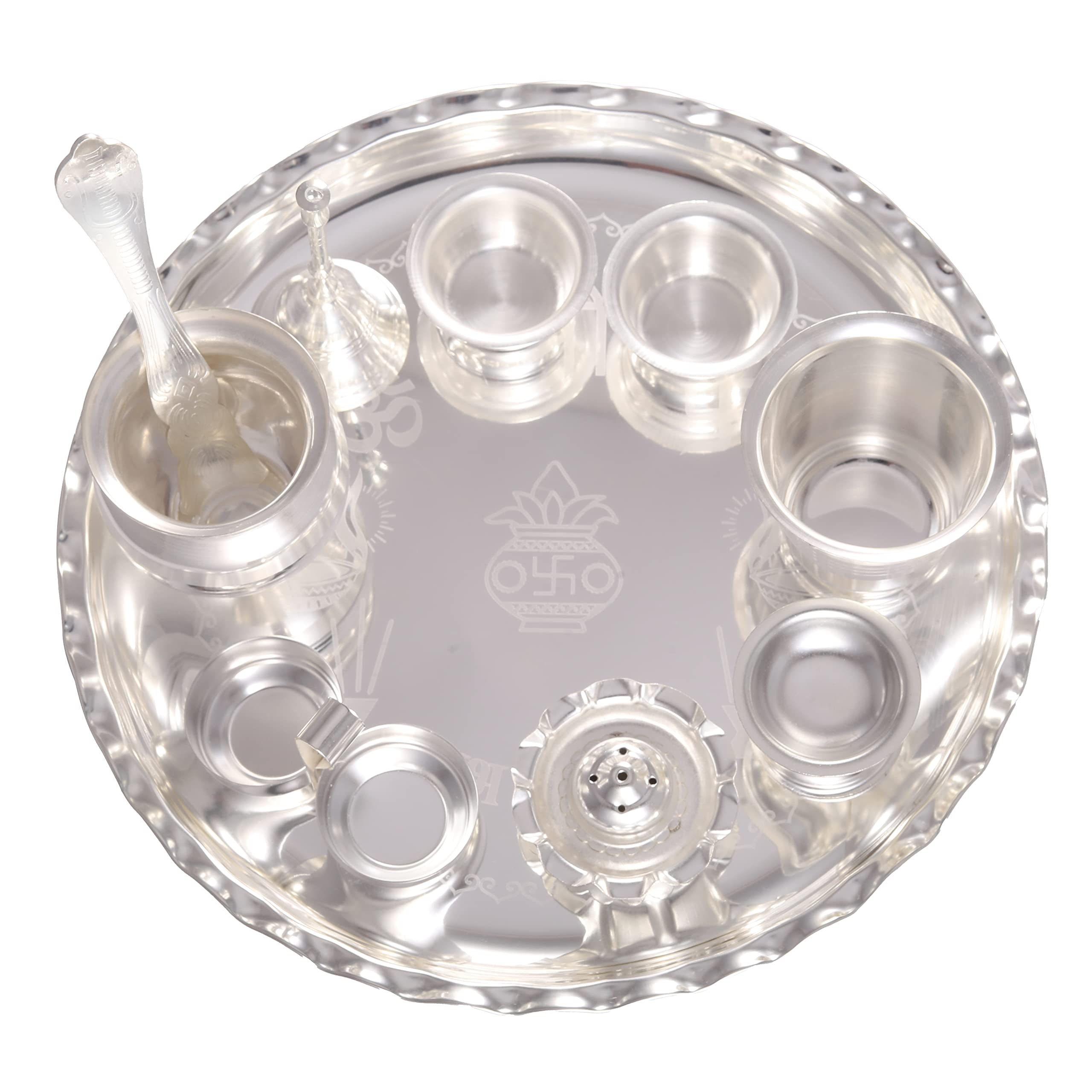 Aashita Creations Puja thali placcato argento per aarti, occasiona regali e decorazioni Set di 10 articoli Pooja (26 x 26 x 6,5 cm, argento)