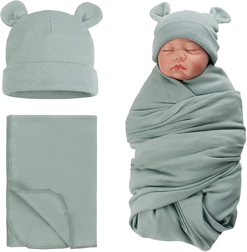 Miniatura 31 de PESAAT Conjunto de gorro de algodón para bebé, sombreros para recién nacidos, mantas de recepción para bebés niños y niñas Verde militar