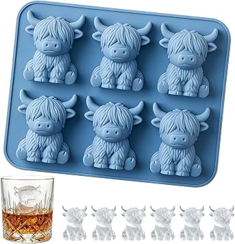 Highland Cow Ice Cube Tray, 3D Highland Cow Ice Cube Molds, 6 Cavity Silicone Animal Ice Cube Tray for Candy, Jelly, Chocolate, Reusable Mini Highland Cow Gifts for Farmhouse Kitchen Accessories