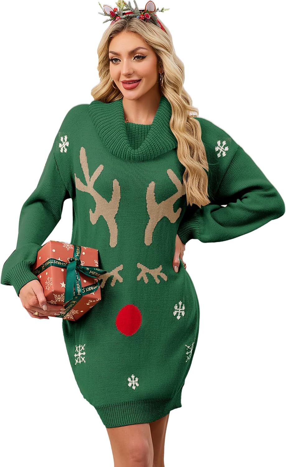 SunnyMelody Womens Christmas Funny Ugly Sweater Dress Winter 2025 Vacation Outfits Oversized Turtleneck Xmas Mini Dresses