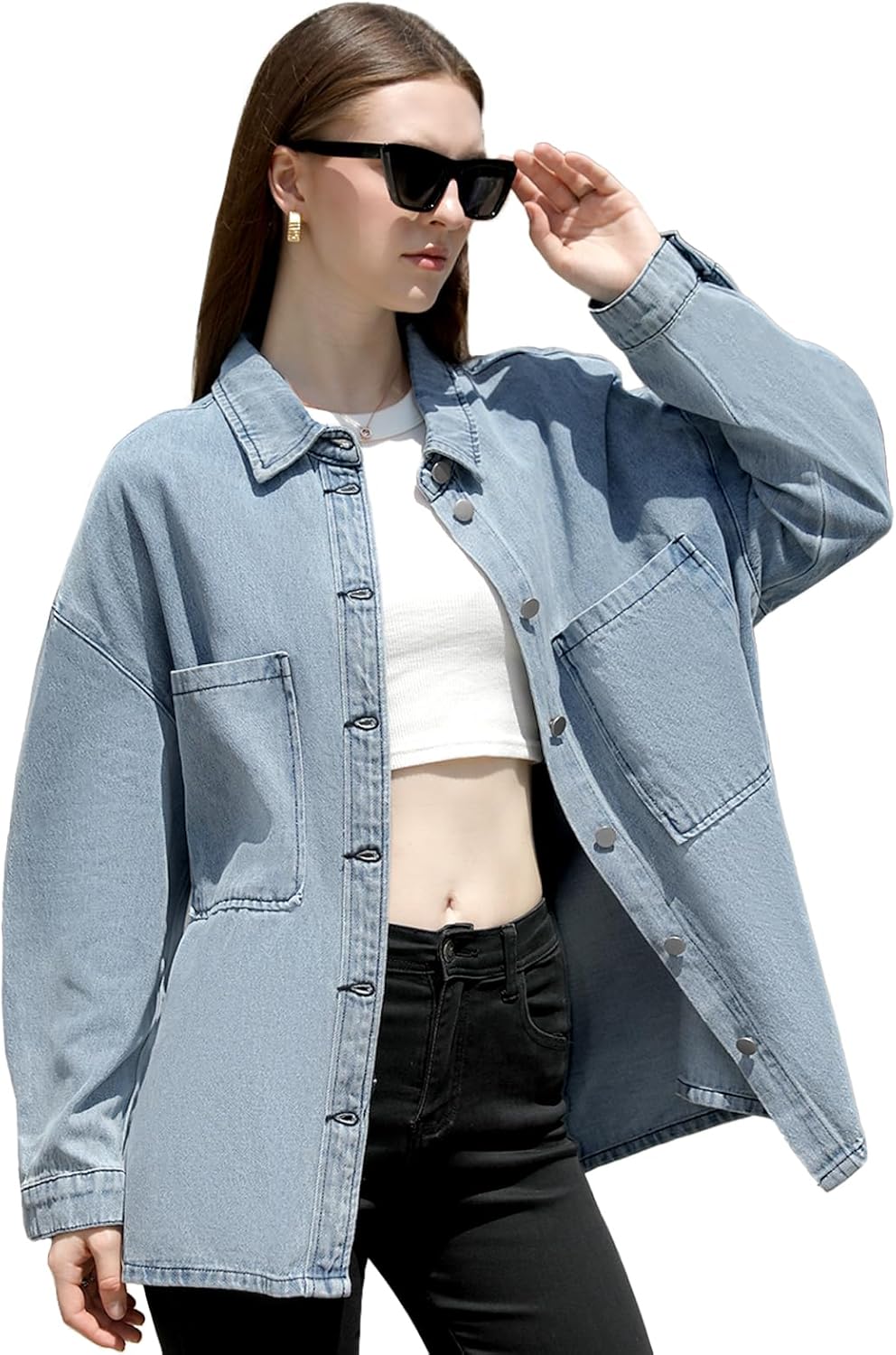 Womens Oversized Denim Shirt Dark Blue Button Down Jean Shacket with Pockets Casual Top - Image 3