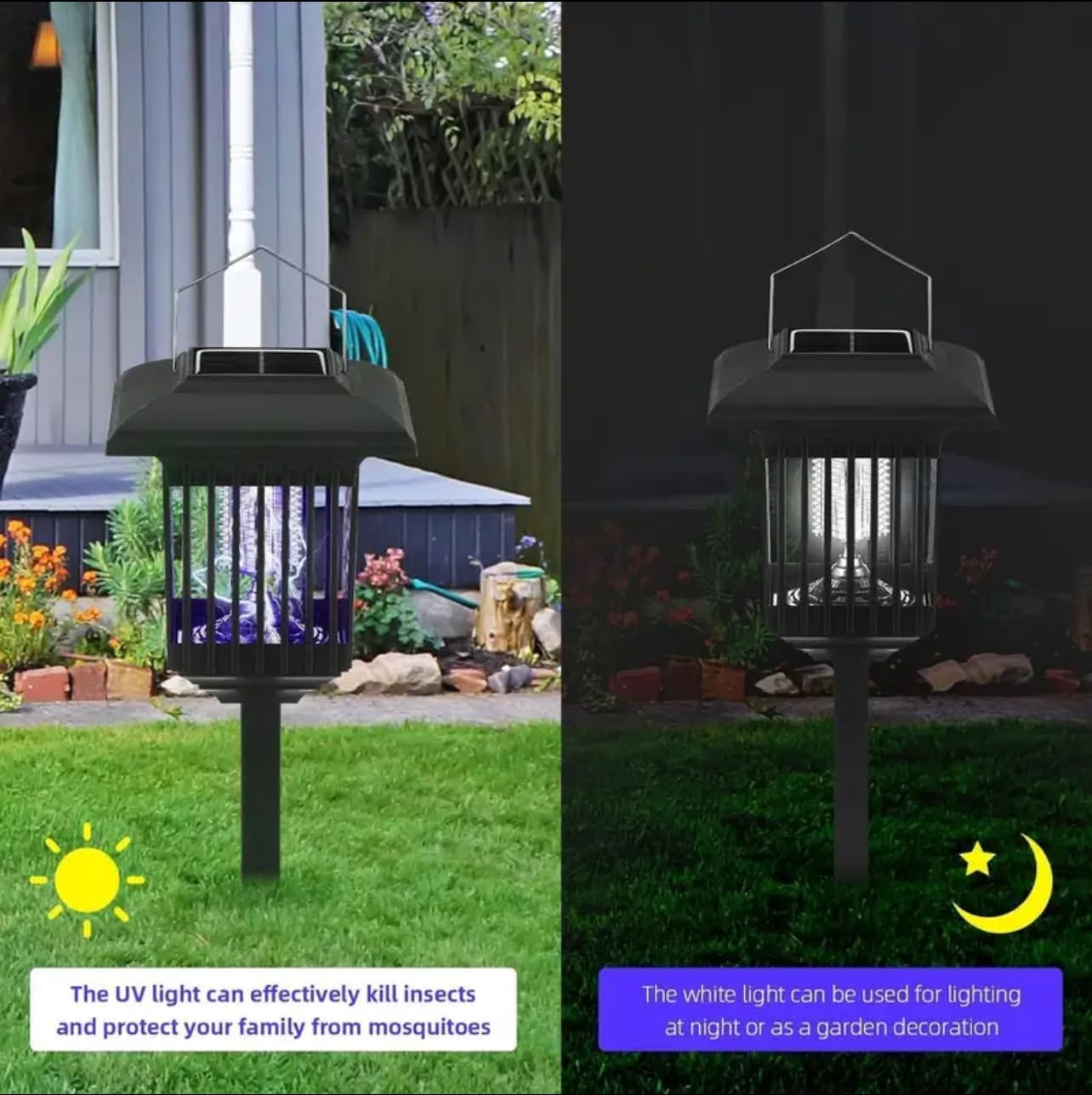 New & Improved 2 Pack Solar Powered Zapper- Enhanced Outdoor Flying Insect Killer- Hang or Stake in The Ground- Cordless Garden Lamp- Portable LED Machine- Best Stinger for Mosquitoes/Moths/Flies (2)