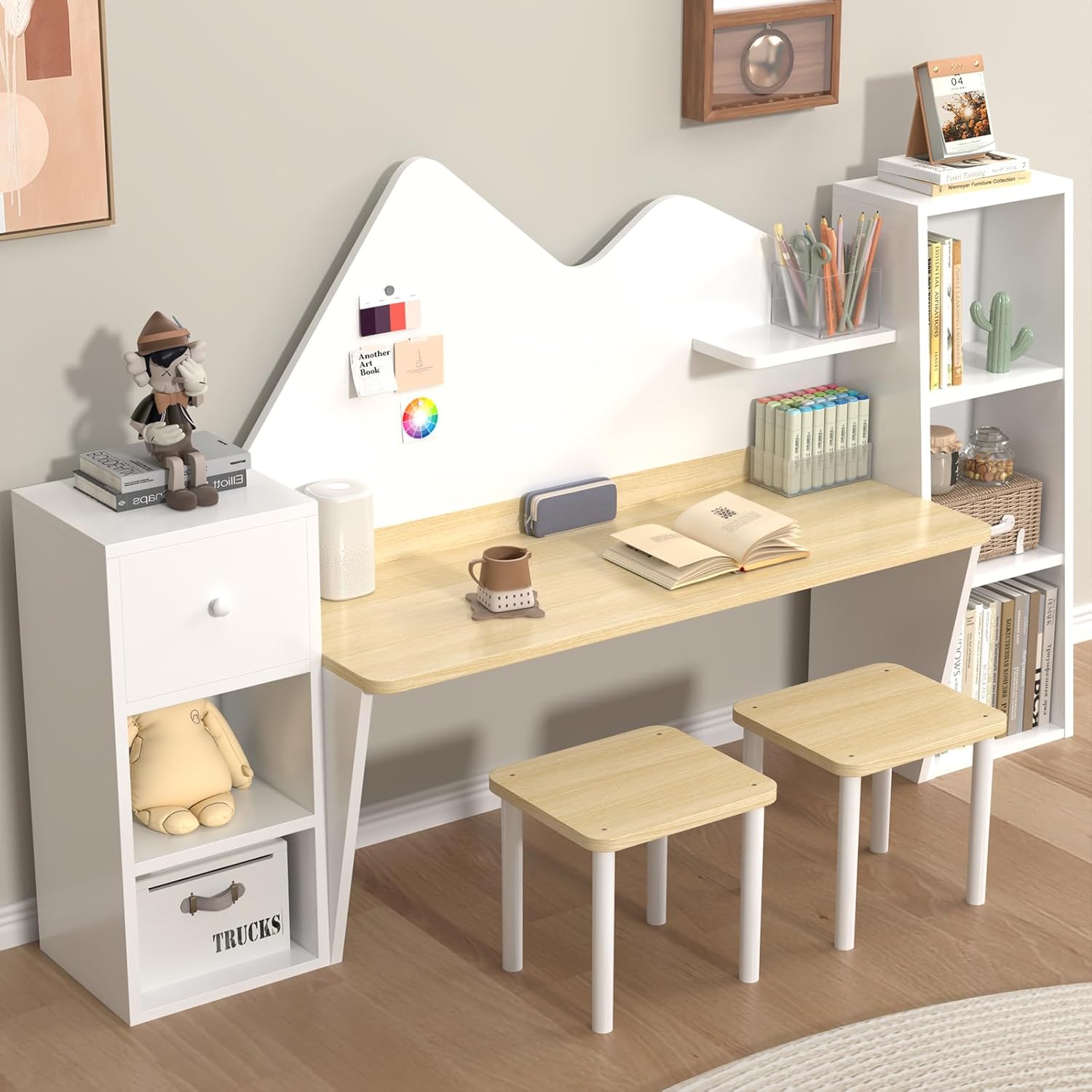 Wooden White Kids Double Study Desk and Chair Set, Kids Desk with 5 Storage Cabinets, Kid Study Table and Chair Set, Toddler Study Desk for Kids Bedroom-003