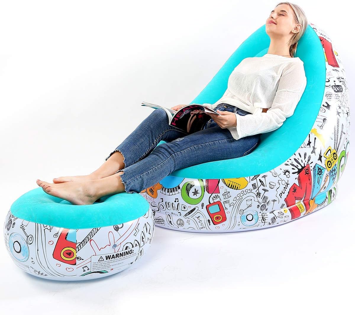 Lazy Sofa, Inflatable Sofa, Family Inflatable Lounge Chair, Graffiti Pattern Flocking Sofa, with Inflatable Foot Cushion, Suitable for Home Rest or Office Rest, Outdoor Folding Sofa Chair (Blue)