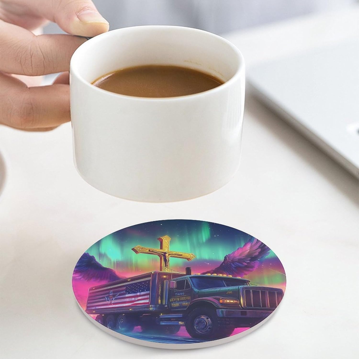 Truck with Wings Round Ceramic Coasters Print Drinks Absorbent with Cork Base for Home Decor Gifts 4 Inch