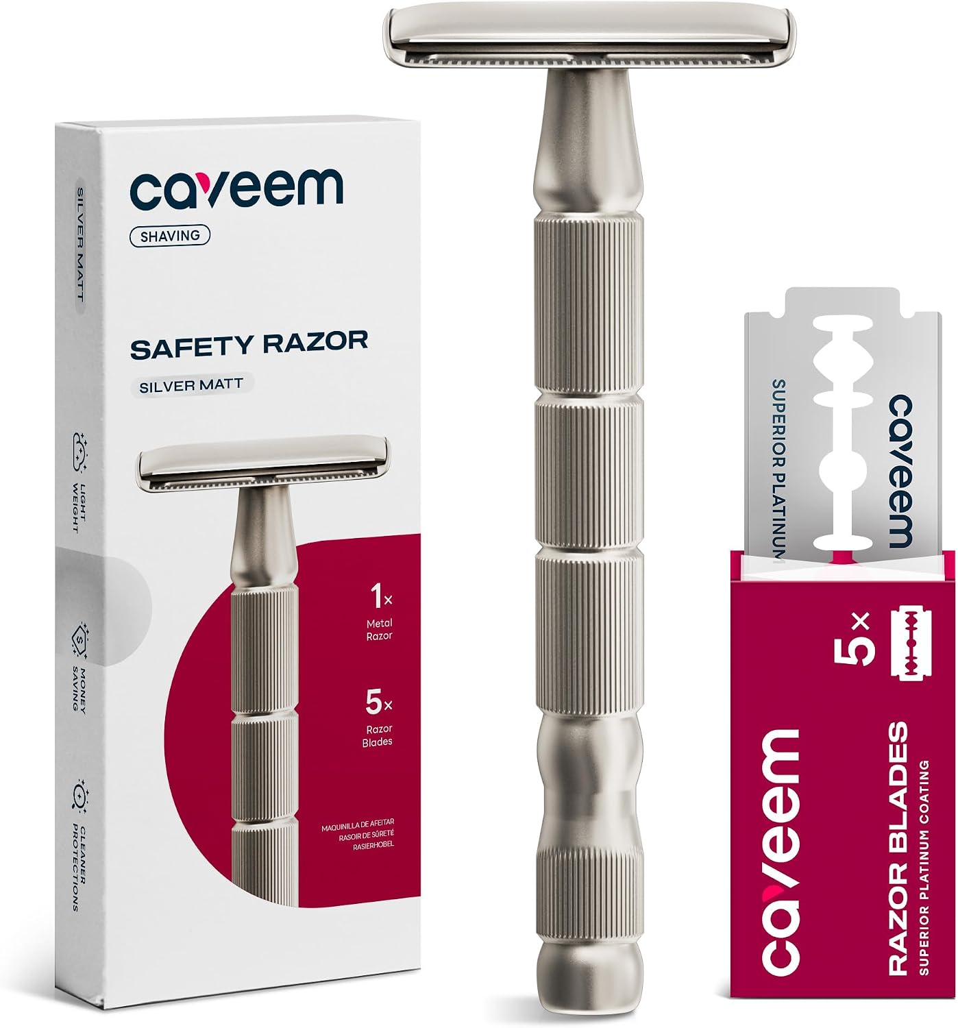 CAVEEM Double-Edge Safety Razor, Single-Blade Razors with 5 Stainless Steel Safety Razor Blades for Men and Women, Reusable Metal Razor – Silver Matt