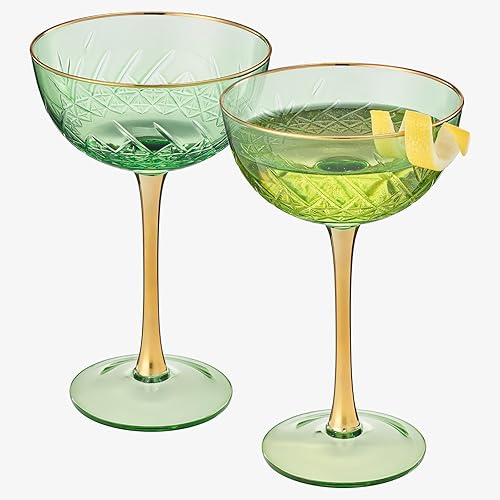 Vista 32 de Vintage Art Deco Coupe for Champagne, Martini, Cocktails Set of 2 7 oz Classic Cocktail Glassware - Manhattan, Cosmopolitan, Sidecar, Crystal