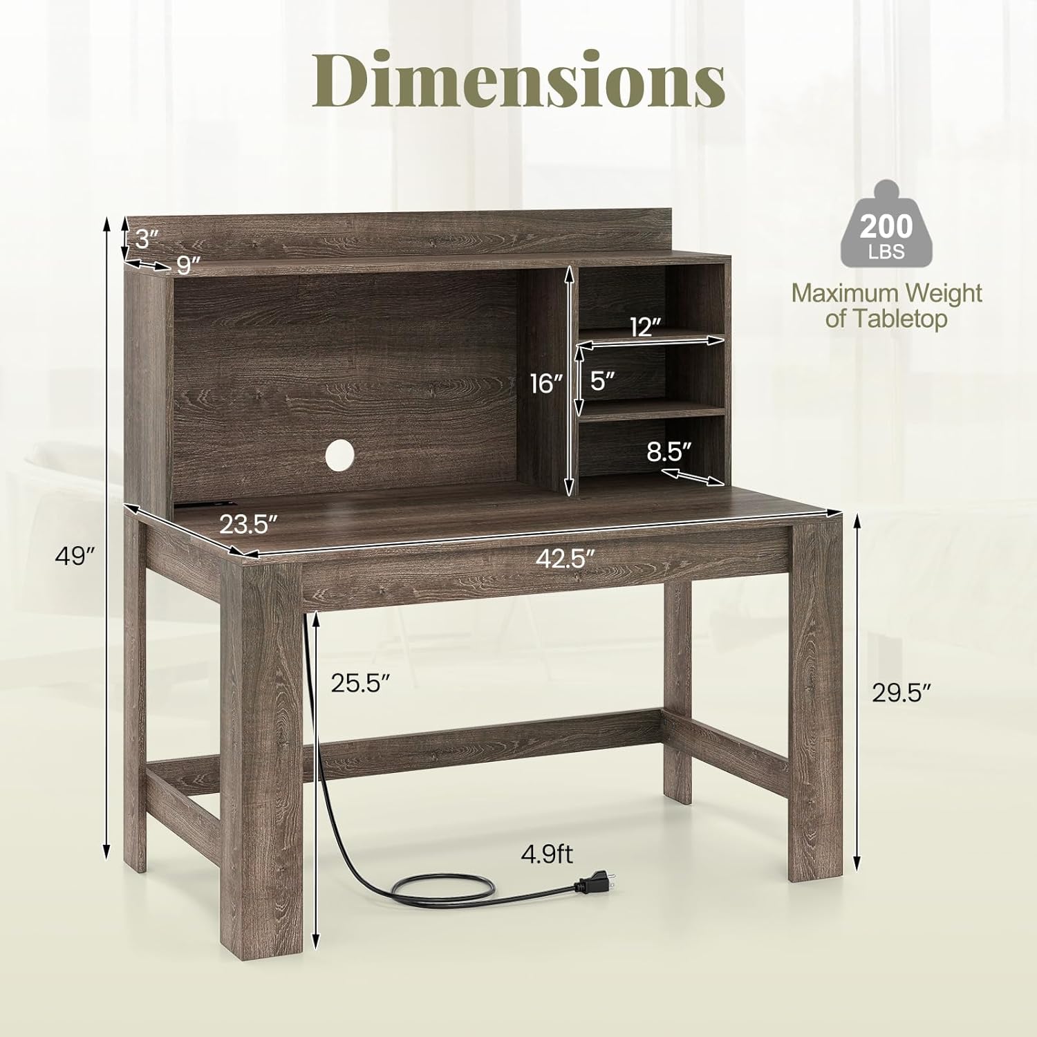 Giantex Computer Desk with Hutch, Modern Home Office Desk with Power Outlets, Storage Shelves & Cable Hole, Makeup Vanity Table, Study Writing Desk for Bedroom Office Small Space (Grey Oak)