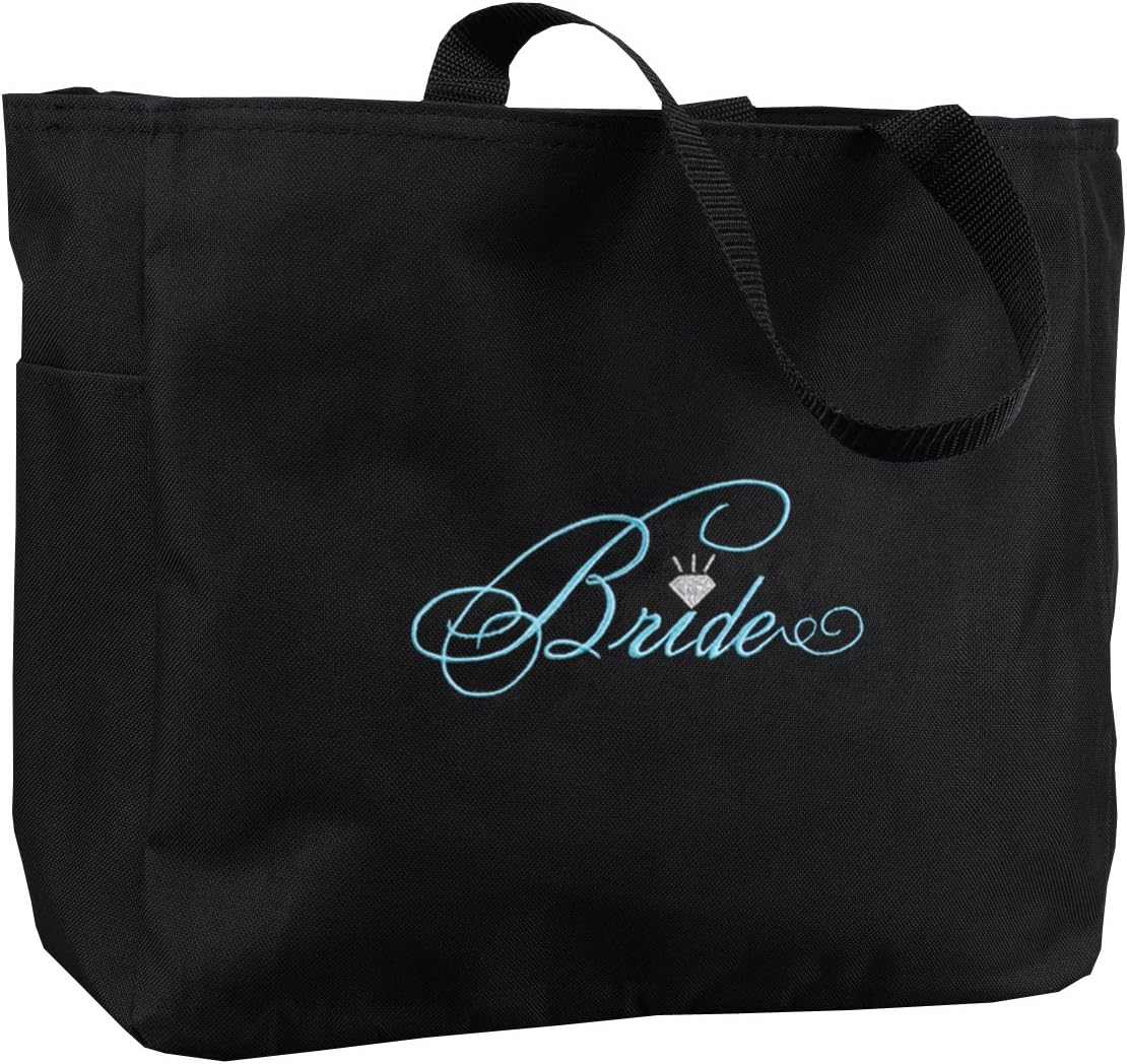 Hortense B. Hewitt Wedding Accessories Black with Aqua Bridal Party Tote Bag, Bride Diamond, 12 by 14-Inch