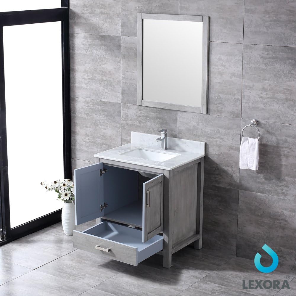 Jacques 30 in. W x 22 in. D Distressed Grey Bath Vanity, Carrara Marble Topand 28 in. Mirror