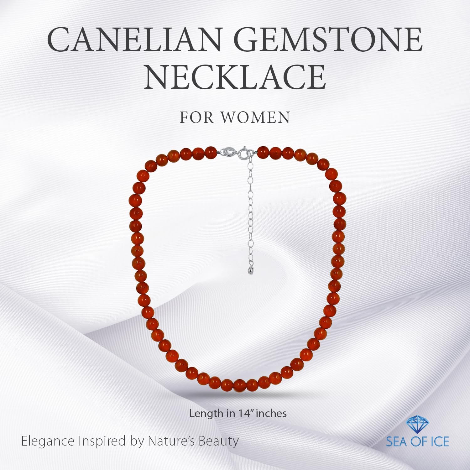 SEA OF ICE Precious Gemstone 6mm Round Beads Necklace 14" Plus 2" Extender with Sterling Silver Spring Ring Clasp
