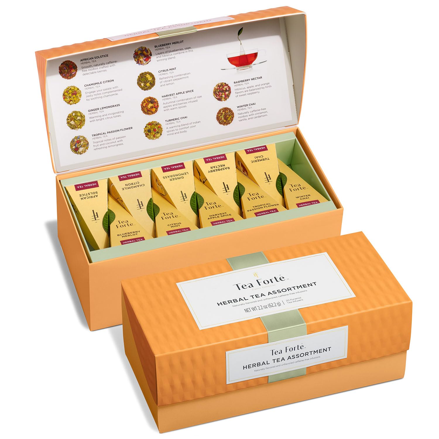 Tea Forte Premium Presentation Box Gift Set Sampler, 20 Count, Assorted Blends Individually Wrapped Handcrafted Pyramid Infuser Bags, Herbal Variety