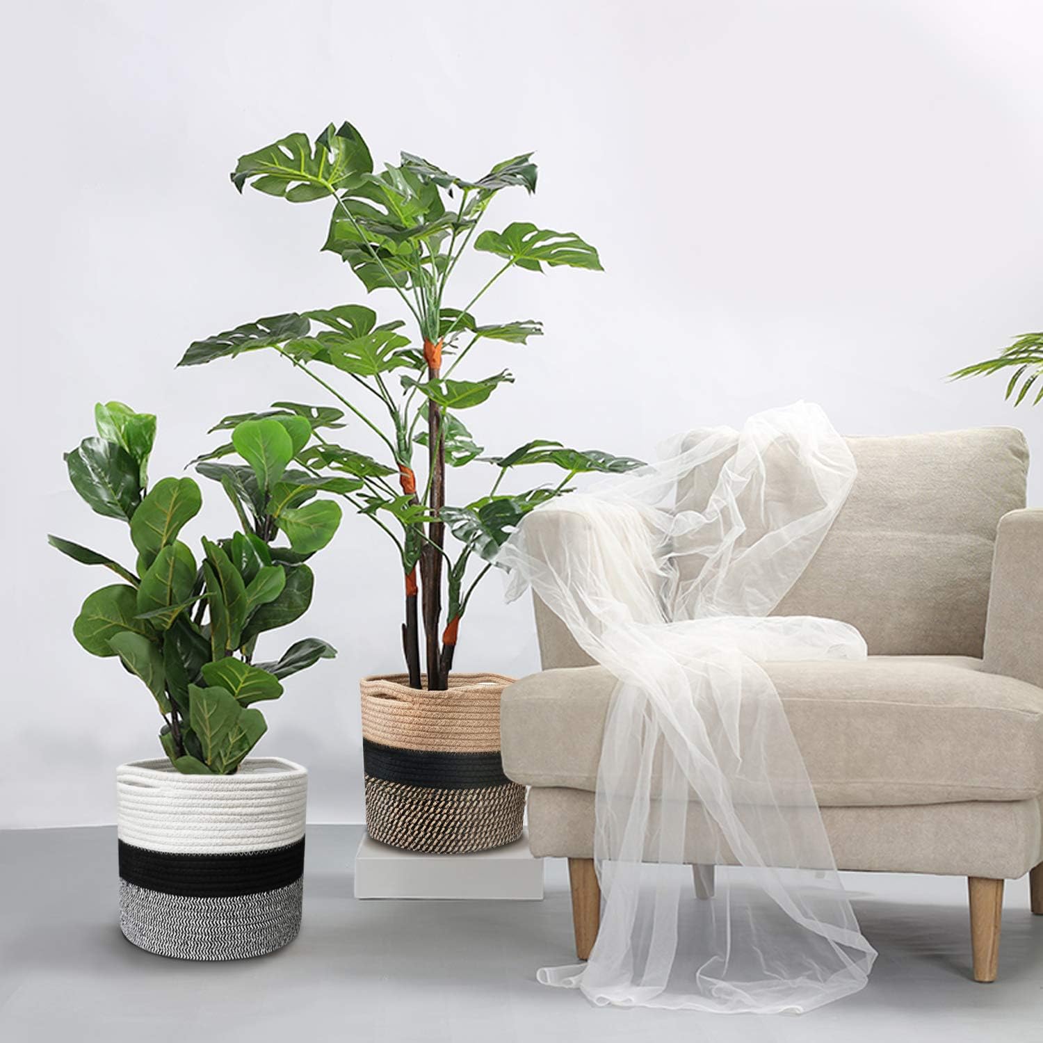 Indoor Planter Cover Woven Cotton Rope Flower Pot 11-inch Storage Organizer Basket Decorative Modern Home Accents
