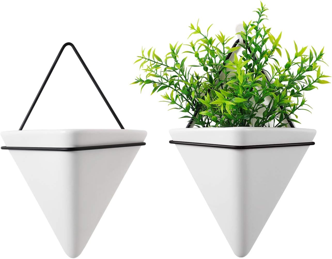 T4U Triangle Wall Planter Indoor, Set of 2 Ceramic Hanging Wall Planter, Geometric Succulent Air Plant Holder Vase Flower Cactus Faux Plants Containers, White Modern Decor for Home and Office