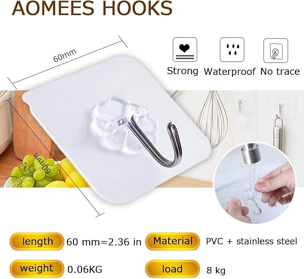 AOMEES Adhesive Hooks Heavy Duty Wall Hooks 8kg (Max) Self Adhesive Hook 12pcs - 3