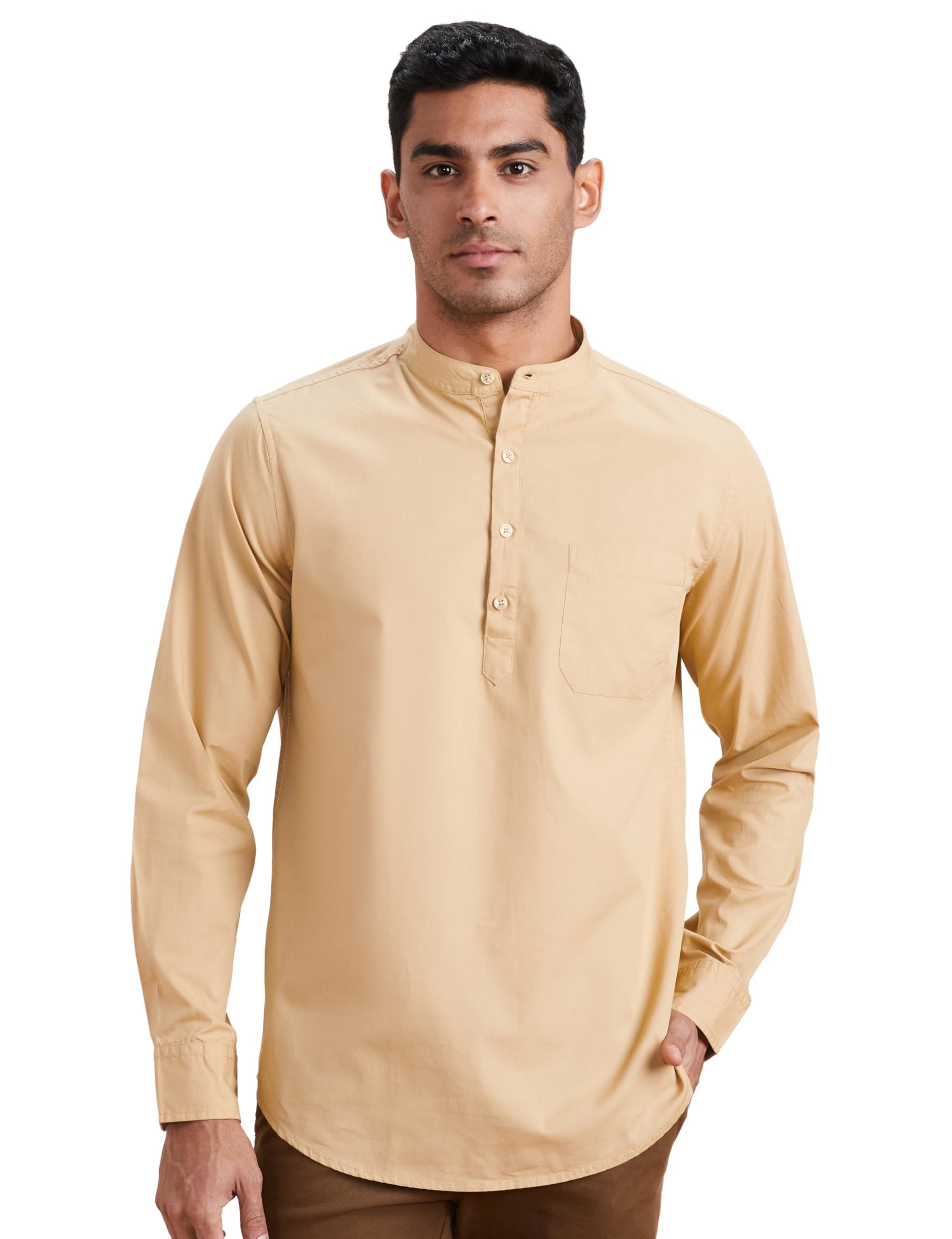 Amazon Brand - Symbol Men's Cotton Shirt | Kurta Placket Style | Casual | Plain | Full Sleeve | Summer - Regular Fit (Available in Plus Sizes)