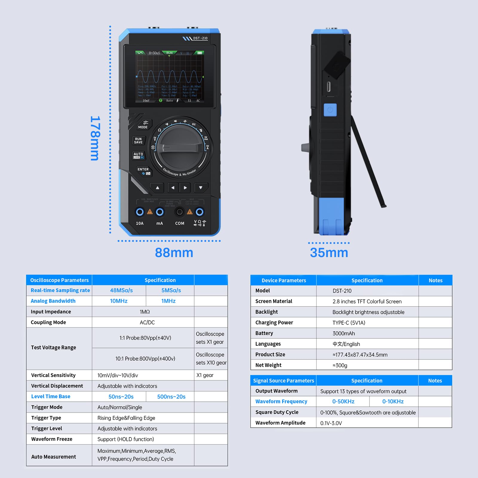 Osciloscopio Portatil DST-210 Multimetro Digital Profesional Generador de Señales 3 en 1 Multimetro Tester 19,999 Cuentas Comprueba Voltaje CA/CC, Corriente, Capacitancia, Resistencia y Diodos