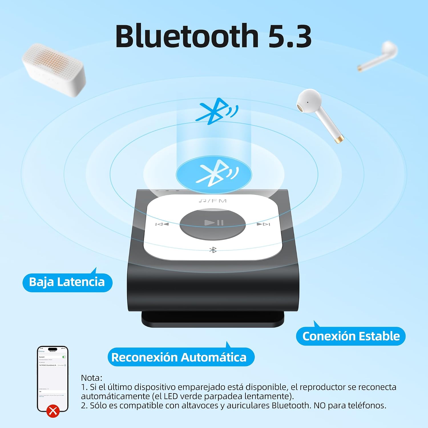 Diagram showing Bluetooth 5.3 connectivity features like low latency, stable connection, and automatic reconnection.