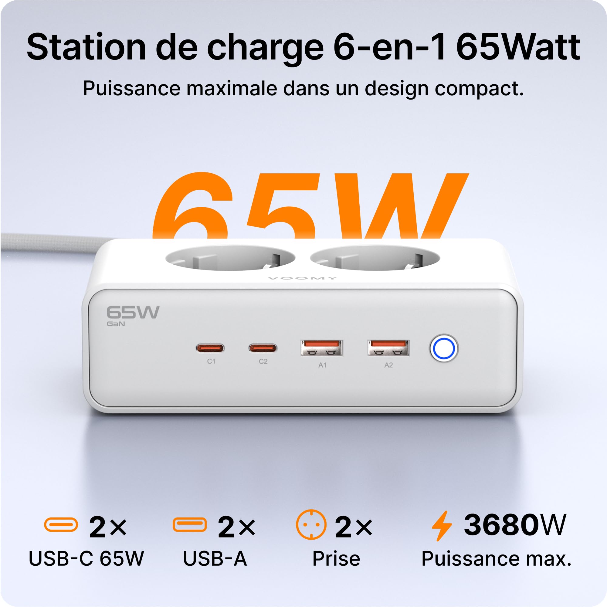 Voomy Multiprise avec Ports USB 65W, Protection Contre Les Surtensions, Les Surcharges et Les Courts-Circuits, Verrouillage de Sécurité, 2 Mètres (Blanc)