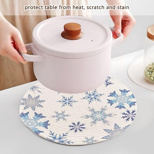 Miniatura 5 de Salvamanteles redondos de Navidad con textura de copos de nieve, 3 piezas, resistentes al calor, para ollas y sartenes calientes, trípode para
