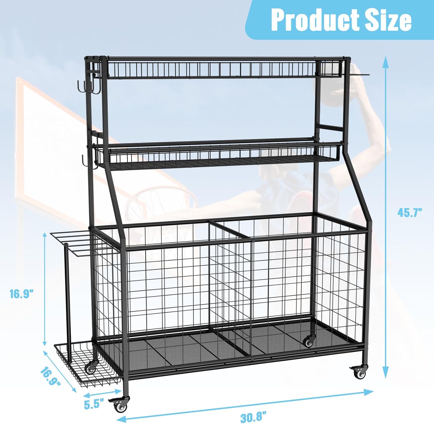 Sports Equipment Garage Organizer - Heavy Duty Garage Organization Ball Storage Rack with Basket, Hooks and Rolling Cart for Sports Gear and Toy Storage, Indoor/Outdoor Use, Black - Image 5