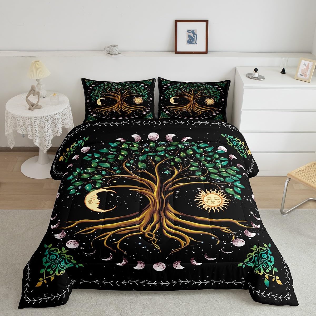 Tree Artwork Kids Comforter Set Queen Size,Sun Moon Starry Sky Galaxy Trippy Bedding Set,Boys Girls Adults Room Decor,Boho Exotic Psychedelic Down Comforter,Watercolor Duvet Insert,2 Pillowcases