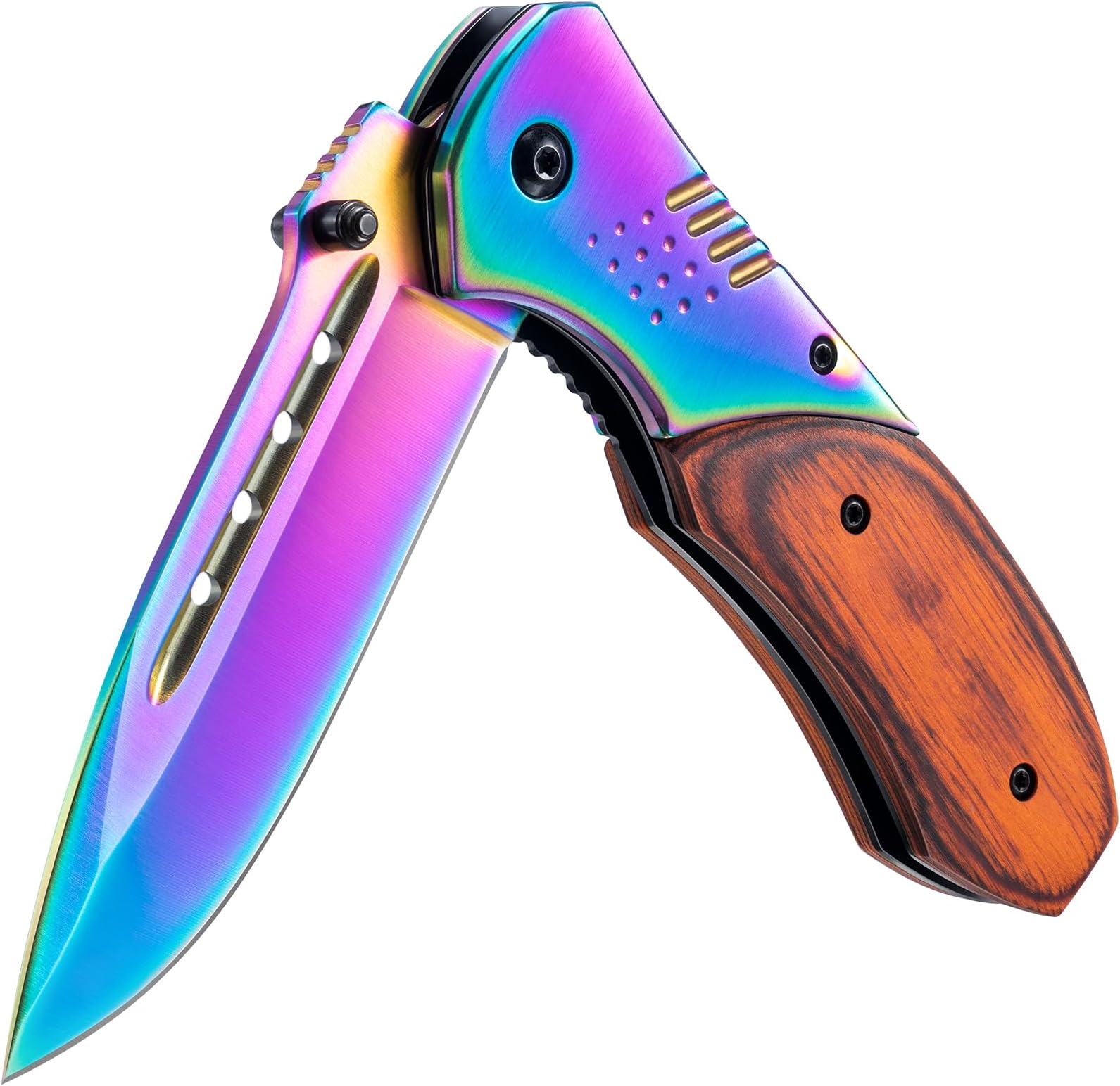 KEXMO Pocket Knife for Men - Sharp Blade Wood Handle Pocket Folding Knives with Clip, Glass Breaker - EDC Knives for Survival Camping Fishing Hiking Women, Large, Rainbow