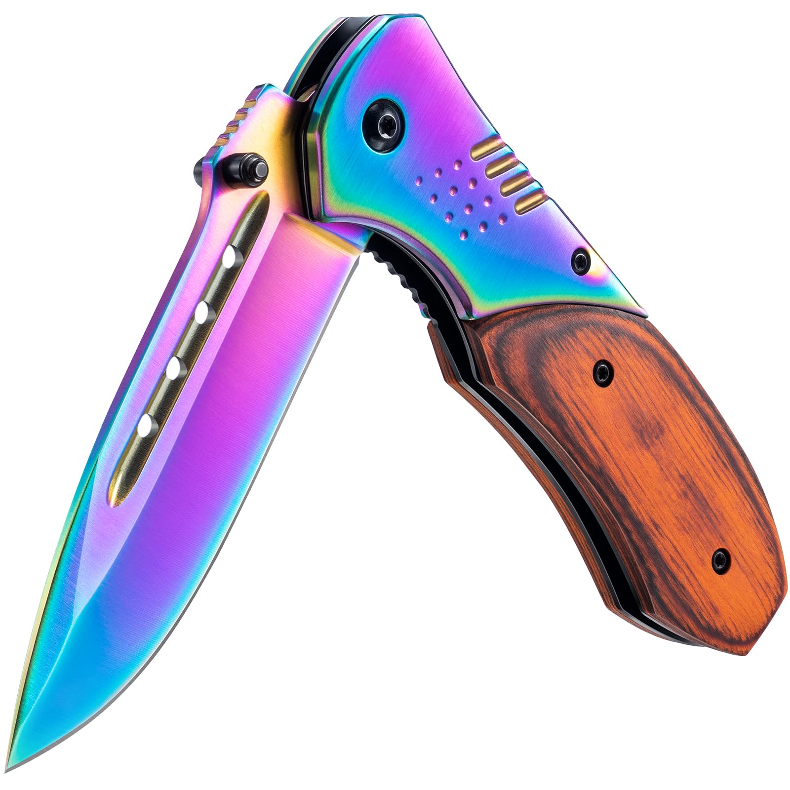 Pocket Knife for Men - 3.46" Sharp Blade Wood Handle Pocket Folding Knives with Clip, Glass Breaker - EDC Knives for Survival Camping Fishing Hiking Hunting Women, Rainbow