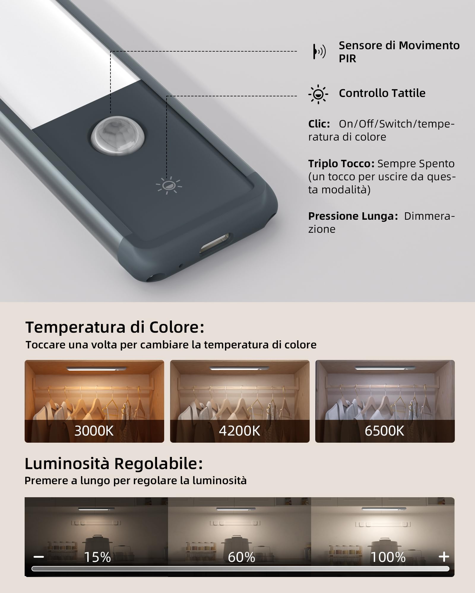 EZVALO Luci Armadio LED, [2 Pezzi] 5000k Luce Bianca Sensore Movimento con Ricarica USB, 52 LED 30cm Luci Camera da Letto con Striscia Magnetica Adesiva, Scale