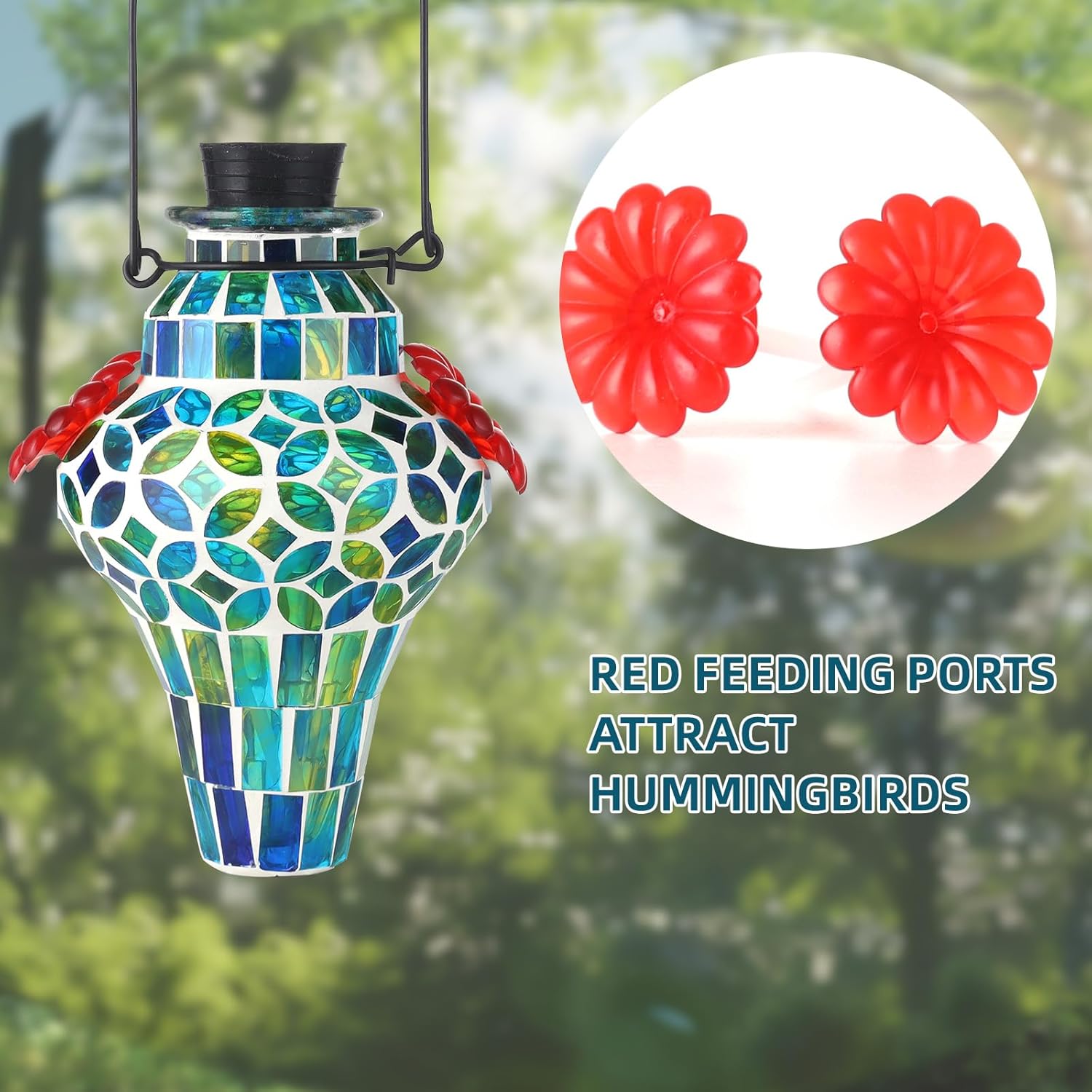 VOREEN Mosaic Glass Hummingbird Feeders for Outdoors Hanging, Hand Blown Hummingbird Feeders, Porch Garden Backyard Decor, Decorative Gift for Mom Wife Friend, 2pcs, Blue and Red