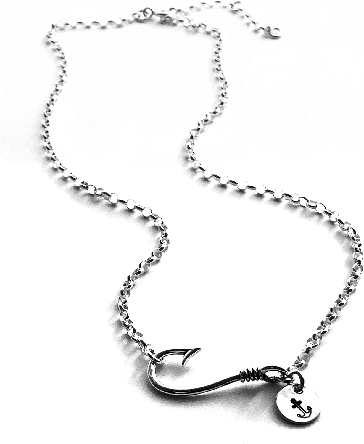 Sterling Silver Sporty Fishhook and Stamped Charm Necklace Fish Hook Pendant